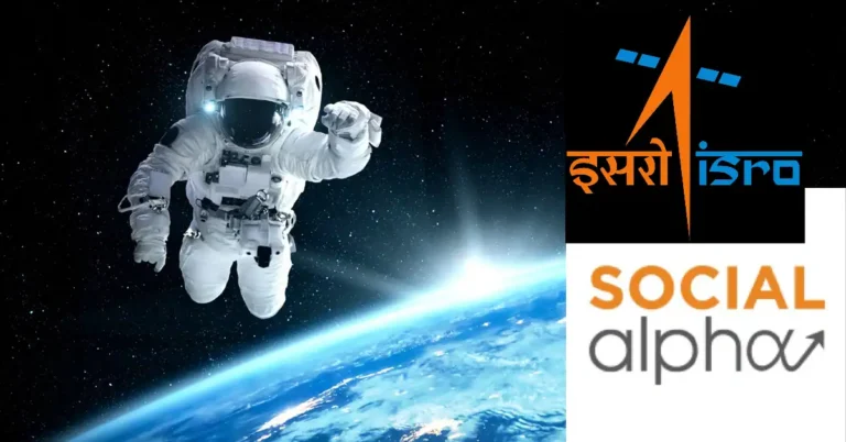 astronaut with logo of isro and social alpha